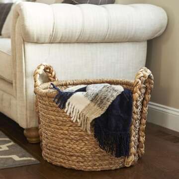 Large Wicker Storage Basket with Braided Handles Light Brown