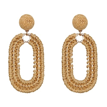 Statement Raffia Earrings Boho Summer Beach Earrings Geometric Oval Drop Earrings Handmade Straw Rat...