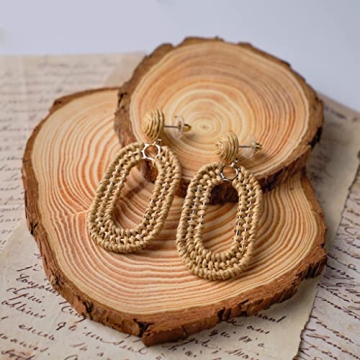 Statement Raffia Earrings Boho Summer Beach Earrings Geometric Oval Drop Earrings Handmade Straw Rattan Dangle Earrings Fashion Bohemian Jewelry Gifts for Women, Brown