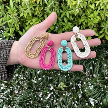 Statement Raffia Earrings Boho Summer Beach Earrings Geometric Oval Drop Earrings Handmade Straw Rattan Dangle Earrings Fashion Bohemian Jewelry Gifts for Women, Brown