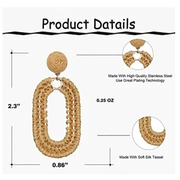 Statement Raffia Earrings Boho Summer Beach Earrings Geometric Oval Drop Earrings Handmade Straw Rattan Dangle Earrings Fashion Bohemian Jewelry Gifts for Women, Brown