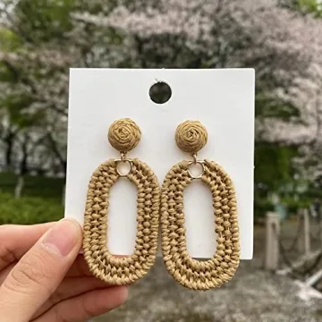 Statement Raffia Earrings Boho Summer Beach Earrings Geometric Oval Drop Earrings Handmade Straw Rattan Dangle Earrings Fashion Bohemian Jewelry Gifts for Women, Brown