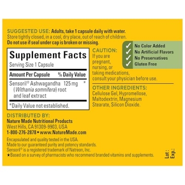 Nature Made Ashwagandha 125mg Capsules for Stress Relief