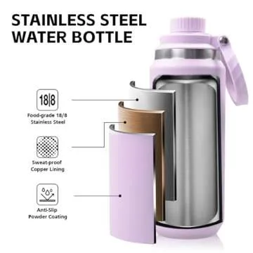Greylock 20 oz Insulated Water Bottle with Straw Lid, Reusable Stainless Steel Sports Water Bottles with Foldable Handle, Leak Proof, Double-Wall Vacuum Insulation, 24 Hours Cold (Lilac)