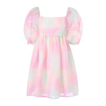 Women's Puff Sleeve Tulle Princess Dress Off Shoulder Square Neck Fairy Mini Dress Tie Dye Party Prom Evening Dresses (US, Alpha, XX-Large, Regular, Regular, Multicolor)