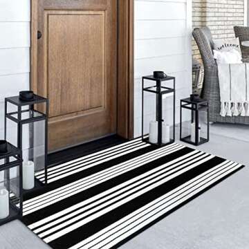 Black and White Striped Outdoor Rug, 3’x5’ Cotton Modern Front Porch Door Mat Hand-Woven Reversi...