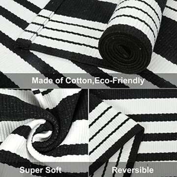 Black and White Striped Outdoor Rug, 3’x5’ Cotton Modern Front Porch Door Mat Hand-Woven Reversible Patio Rug Washable Layered Doorway Carpet for Farmhouse/Kitchen/Living Room