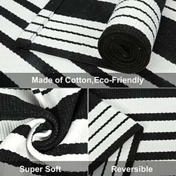 Black and White Striped Outdoor Rug, 3’x5’ Cotton Modern Front Porch Door Mat Hand-Woven Reversible Patio Rug Washable Layered Doorway Carpet for Farmhouse/Kitchen/Living Room