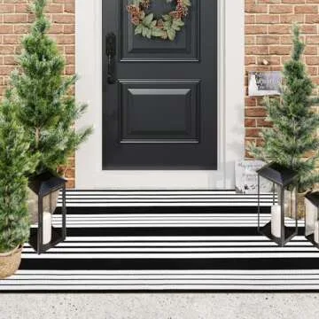 Black and White Striped Outdoor Rug, 3’x5’ Cotton Modern Front Porch Door Mat Hand-Woven Reversible Patio Rug Washable Layered Doorway Carpet for Farmhouse/Kitchen/Living Room