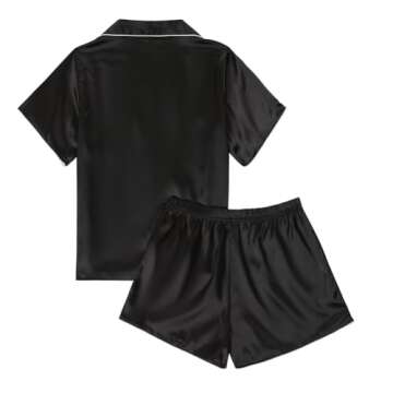 LYANER Women's Satin Silk Pajamas Short Sleeve Button Shirt with Shorts Set PJ Sleepwear Black Medium