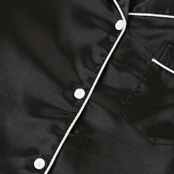 LYANER Women's Satin Silk Pajamas Short Sleeve Button Shirt with Shorts Set PJ Sleepwear Black Medium