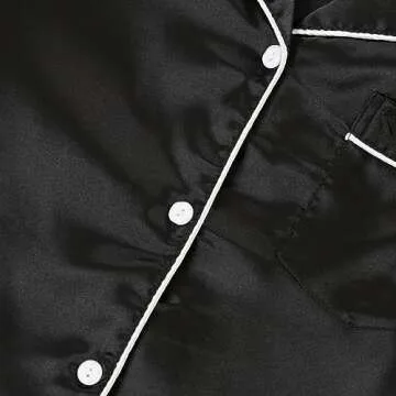 LYANER Women's Satin Silk Pajamas Short Sleeve Button Shirt with Shorts Set PJ Sleepwear Black Medium