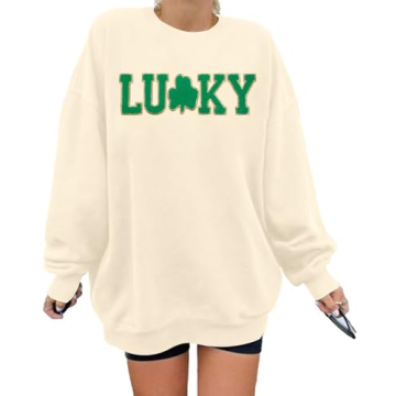 BANGELY Lucky St Patricks Day Sweatshirt Women Irish Clover Graphic Chenille Patch Shamrock Shirt Pu...