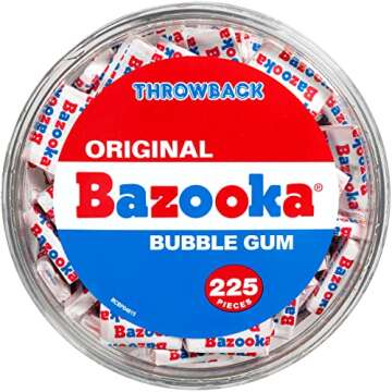 Bazooka Bubble Gum Individually Wrapped Pink Chewing Gum in Original Flavor - 225 Count Bulk Bubble Gum Tub - Fun Old Fashioned Candy for Kids