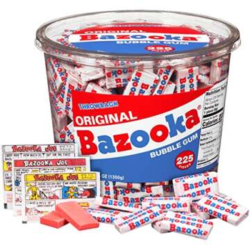Bazooka Bubble Gum Individually Wrapped Pink Chewing Gum in Original Flavor - 225 Count Bulk Bubble Gum Tub - Fun Old Fashioned Candy for Kids