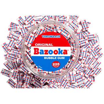Bazooka Bubble Gum Individually Wrapped Pink Chewing Gum in Original Flavor - 225 Count Bulk Bubble Gum Tub - Fun Old Fashioned Candy for Kids