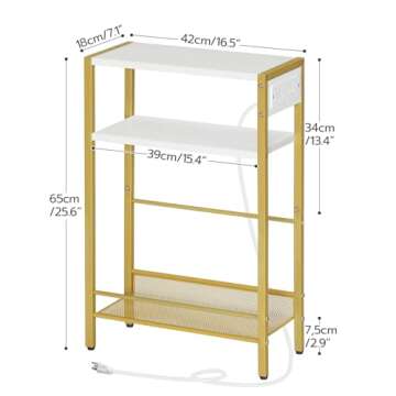 HOOBRO Small Narrow Side Table with Charging Station, Skinny End Table for Small Spaces, Slim Nightstand with USB Ports Outlet, Sofa Beside Table with Storage Shelf, White and Gold DW102UBZ01