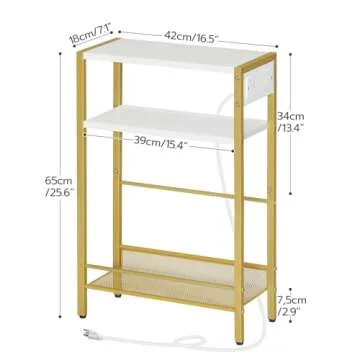 HOOBRO Small Narrow Side Table with Charging Station, Skinny End Table for Small Spaces, Slim Nightstand with USB Ports Outlet, Sofa Beside Table with Storage Shelf, White and Gold DW102UBZ01
