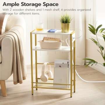 HOOBRO Small Narrow Side Table with Charging Station, Skinny End Table for Small Spaces, Slim Nightstand with USB Ports Outlet, Sofa Beside Table with Storage Shelf, White and Gold DW102UBZ01