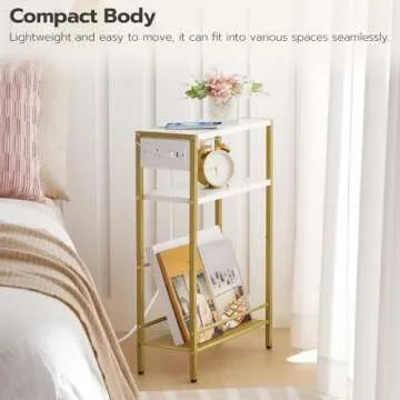 HOOBRO Small Narrow Side Table with Charging Station, Skinny End Table for Small Spaces, Slim Nightstand with USB Ports Outlet, Sofa Beside Table with Storage Shelf, White and Gold DW102UBZ01
