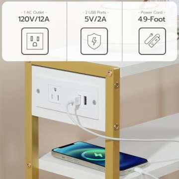 HOOBRO Small Narrow Side Table with Charging Station, Skinny End Table for Small Spaces, Slim Nightstand with USB Ports Outlet, Sofa Beside Table with Storage Shelf, White and Gold DW102UBZ01