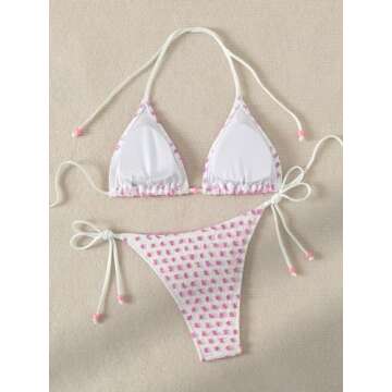 SweatyRocks Women's 2 Piece Triangle Bathing Suit Halter Top Tie Side Thong Bikini Swimsuits Pink Do...