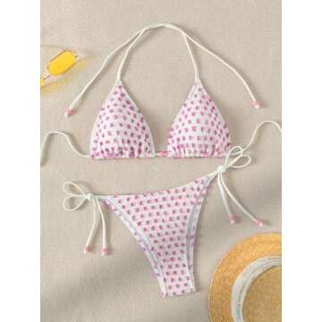 SweatyRocks Women's 2 Piece Triangle Bathing Suit Halter Top Tie Side Thong Bikini Swimsuits Pink Dots Small
