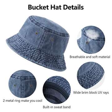 3 Pieces Denim Bucket Hat Unisex Sun Hat Wide Brim Fisherman Cap for Men Women Teens Outdoor (Black, Denim Blue, Gray)