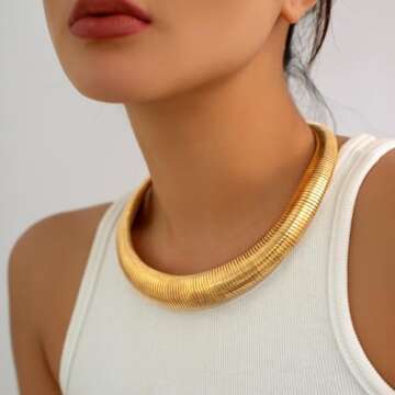 MISS RIGHT Chunky Gold Chain Statement Choker Necklace for Women Trendy, 14K Gold Plated Flat Thick ...
