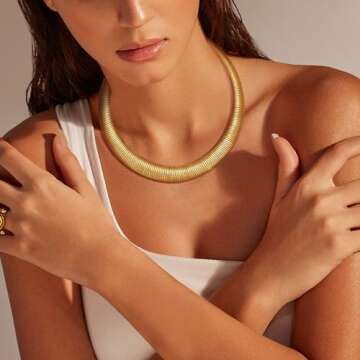 MISS RIGHT Chunky Gold Chain Statement Choker Necklace for Women Trendy, 14K Gold Plated Flat Thick Snake Chain Collar Torque Necklaces Jewelry Gifts