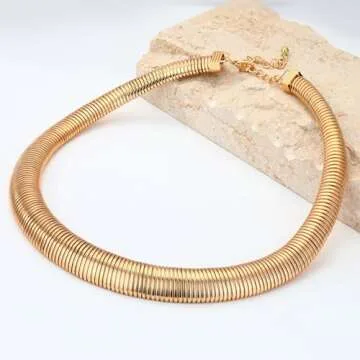 MISS RIGHT Chunky Gold Chain Statement Choker Necklace for Women Trendy, 14K Gold Plated Flat Thick Snake Chain Collar Torque Necklaces Jewelry Gifts