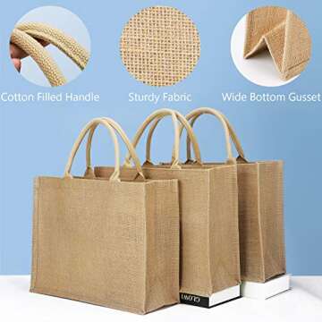Segarty Tote Bags, 1 Pack Large Burlap Jute Reusable Canvas Gift Favors Bag with Handles Blank Tote Bulk for Bridesmaid Wedding, Women Market Grocery Shopping, Bachelorette Party, Beach Trip, DIY