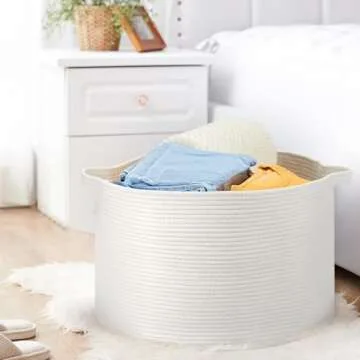 Ravinte Large Storage Basket - 22"x 22"x 14" Blanket Basket for Living Room, Baby Toy Storage Basket, Cotton Rope Basket Woven Laundry Basket (White)