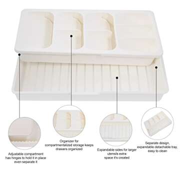 Faridabio Kitchen Drawer Organizer Tray,Expandable Cutlery Silverware Organizer Storage Tray for Kitchen Drawer Flatware Spoons Forks,Creamy White