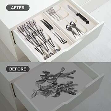 Faridabio Kitchen Drawer Organizer Tray,Expandable Cutlery Silverware Organizer Storage Tray for Kitchen Drawer Flatware Spoons Forks,Creamy White