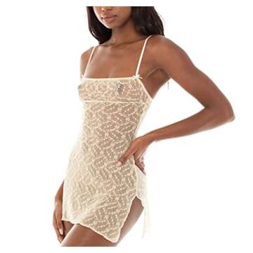 Women Y2k Lace See Through Short Dress Bodycon Spaghetti Strap Mini Dress Low Cut Cami Slip Dress Beach Wear I-White