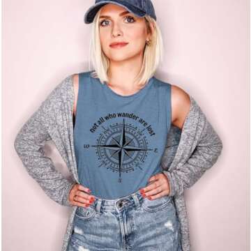 Not All Who Wander are Lost Women Tank Tops Workout Shirts Casual Letters Printed Graphic Tees Tops(Ink Blue01 L)