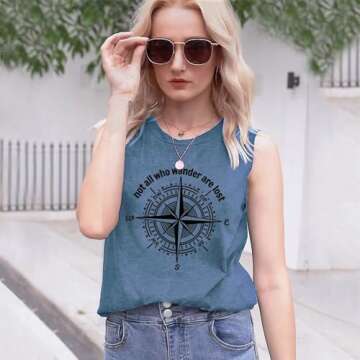 Not All Who Wander are Lost Women Tank Tops Workout Shirts Casual Letters Printed Graphic Tees Tops(Ink Blue01 L)