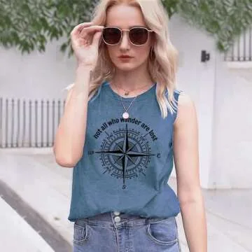 Not All Who Wander are Lost Women Tank Tops Workout Shirts Casual Letters Printed Graphic Tees Tops(Ink Blue01 L)