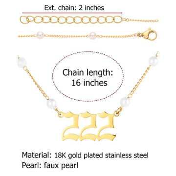 TGOLM 222 Necklace Gold Plated Stainless Steel Faux Pearl Choker Angel Number Chain Gift for Women 16"