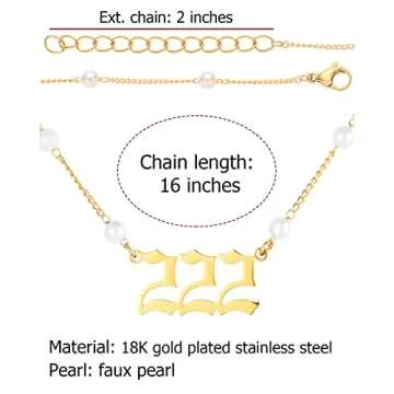 TGOLM 222 Necklace Gold Plated Stainless Steel Faux Pearl Choker Angel Number Chain Gift for Women 16"