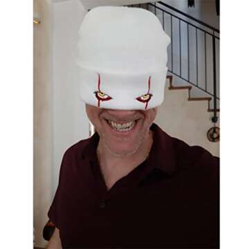 Suillty Unisex Winter Acrylic Knit Cuff Beanie Hat Clown Scary Eyes Embroidery Warm Winter Caps Halloween Hats for Adult Kids White