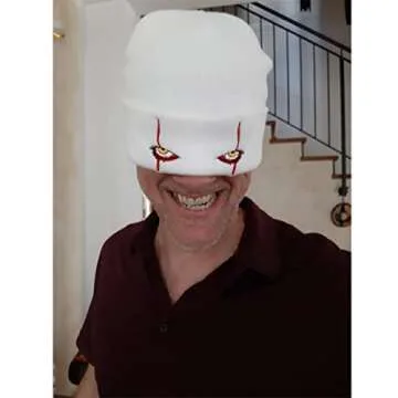 Suillty Unisex Winter Acrylic Knit Cuff Beanie Hat Clown Scary Eyes Embroidery Warm Winter Caps Halloween Hats for Adult Kids White