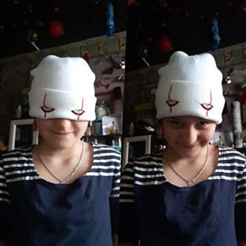 Suillty Unisex Winter Acrylic Knit Cuff Beanie Hat Clown Scary Eyes Embroidery Warm Winter Caps Halloween Hats for Adult Kids White