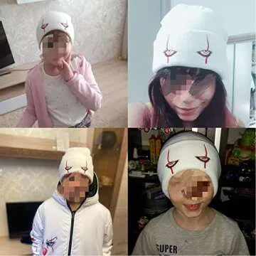 Suillty Unisex Winter Acrylic Knit Cuff Beanie Hat Clown Scary Eyes Embroidery Warm Winter Caps Halloween Hats for Adult Kids White