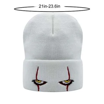 Suillty Unisex Winter Acrylic Knit Cuff Beanie Hat Clown Scary Eyes Embroidery Warm Winter Caps Halloween Hats for Adult Kids White