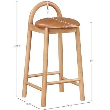 Meridian Furniture 475Cognac-C Calvin Collection Mid-Century Modern Stool with Soft Cognac Vegan Leather, Natural Finish Solid Wood Frame, 16.18" W x 16.7" D x 32" H, Cognac