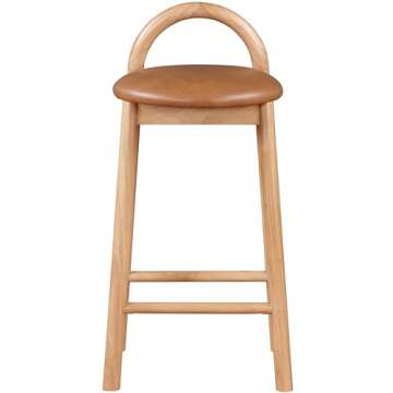 Meridian Furniture 475Cognac-C Calvin Collection Mid-Century Modern Stool with Soft Cognac Vegan Leather, Natural Finish Solid Wood Frame, 16.18" W x 16.7" D x 32" H, Cognac