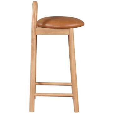 Meridian Furniture 475Cognac-C Calvin Collection Mid-Century Modern Stool with Soft Cognac Vegan Leather, Natural Finish Solid Wood Frame, 16.18" W x 16.7" D x 32" H, Cognac