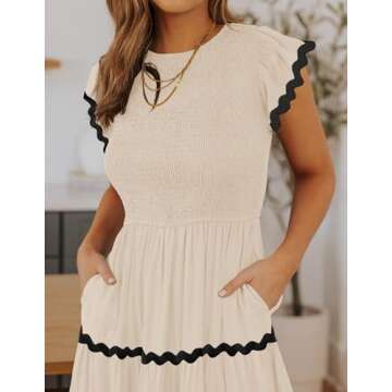 ZESICA Women's Summer Flutter Short Sleeve Smocked Midi Dress Casual High Waist Rickrack Tiered Flowy Dresses